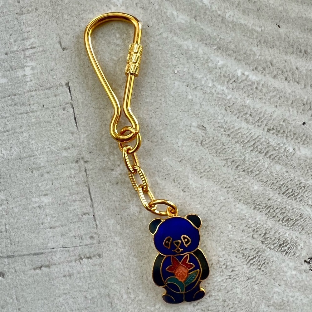 Vintage Cloisonné Gold and multi color Cute Teddy Bear Key Chain Like new